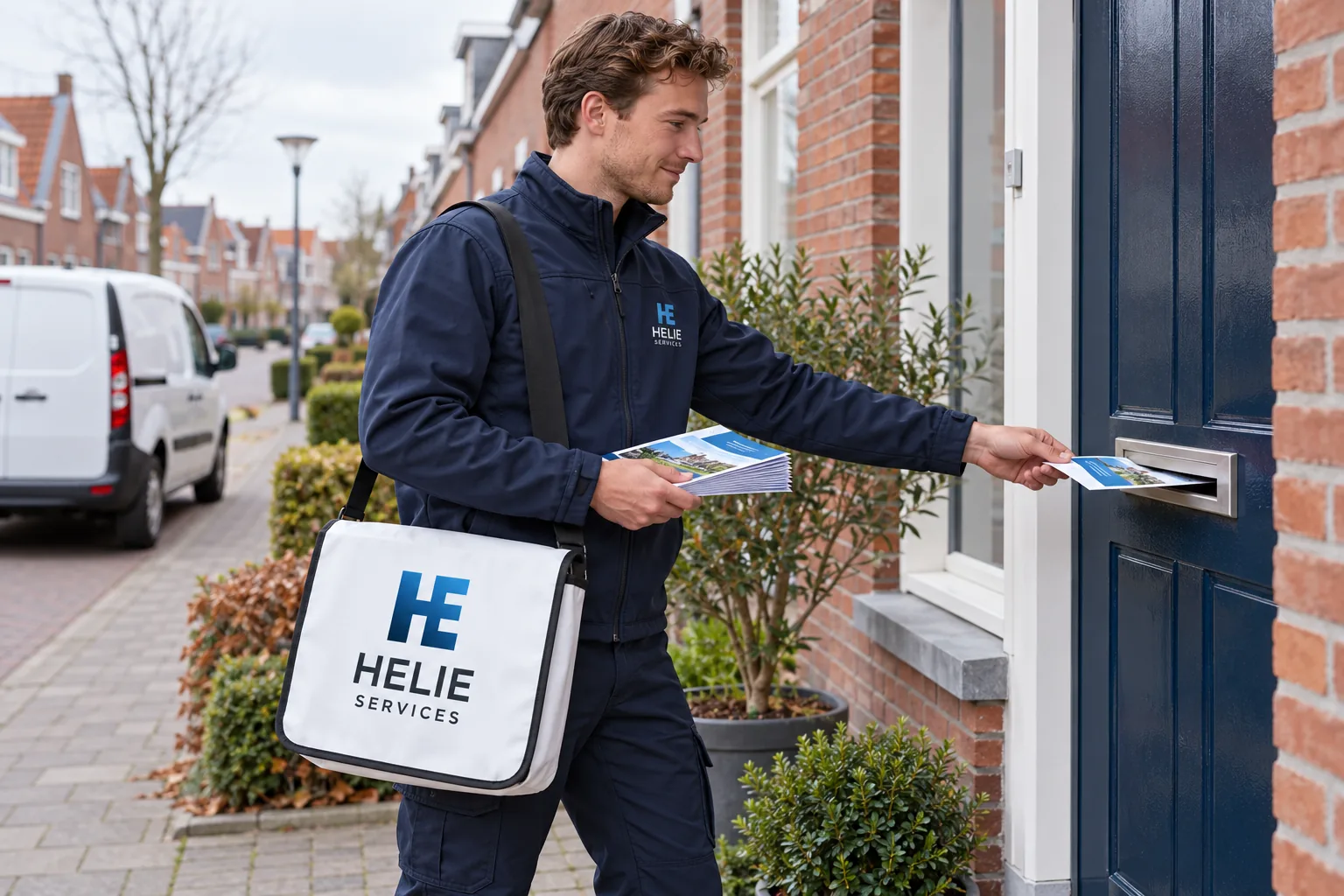 Illustratief beeld van een bezorger met Helie Services-tas die een losse folder in een brievenbus doet.