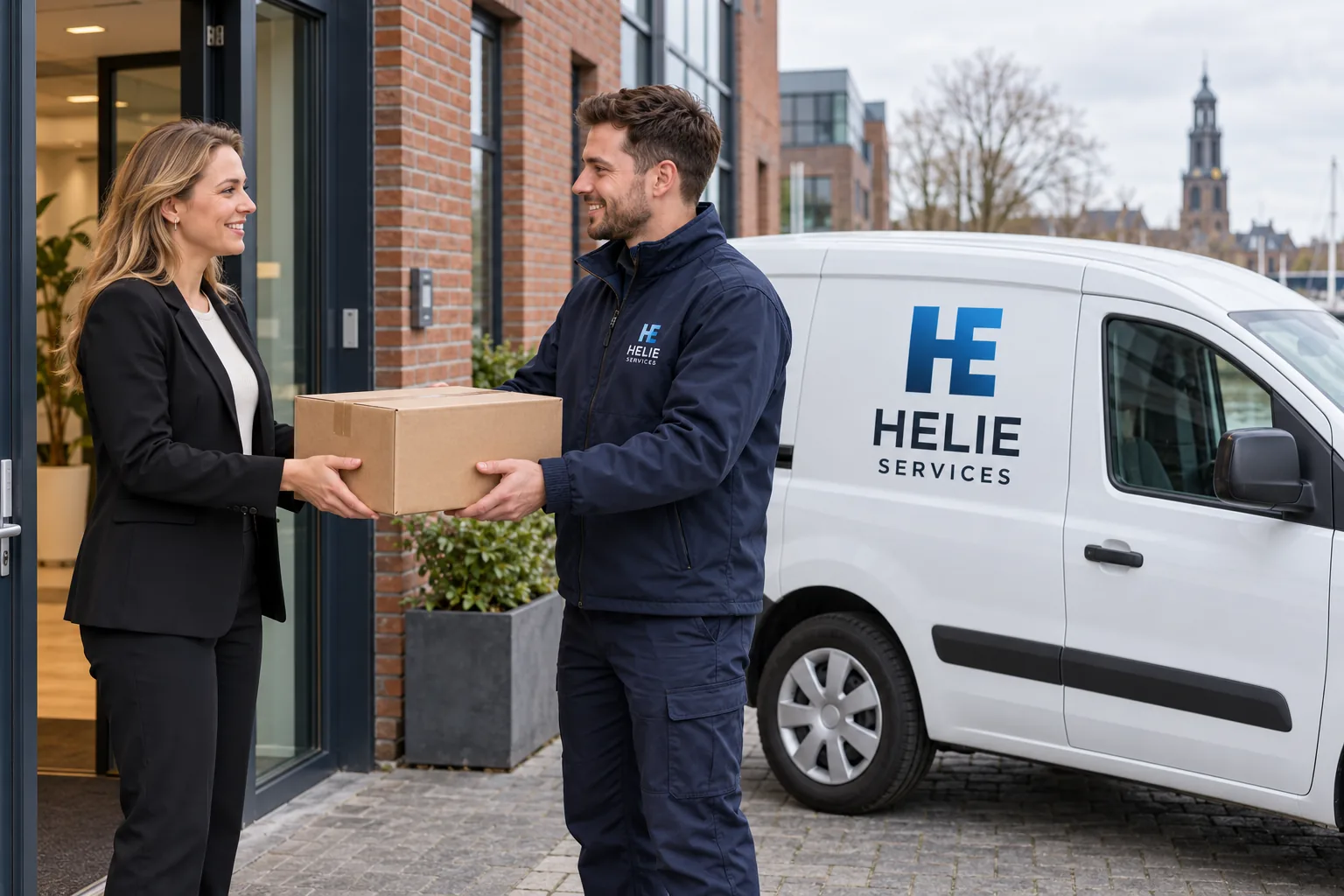 Illustratief beeld van een koerier die een pakket bezorgt naast een bus met Helie Services-logo.