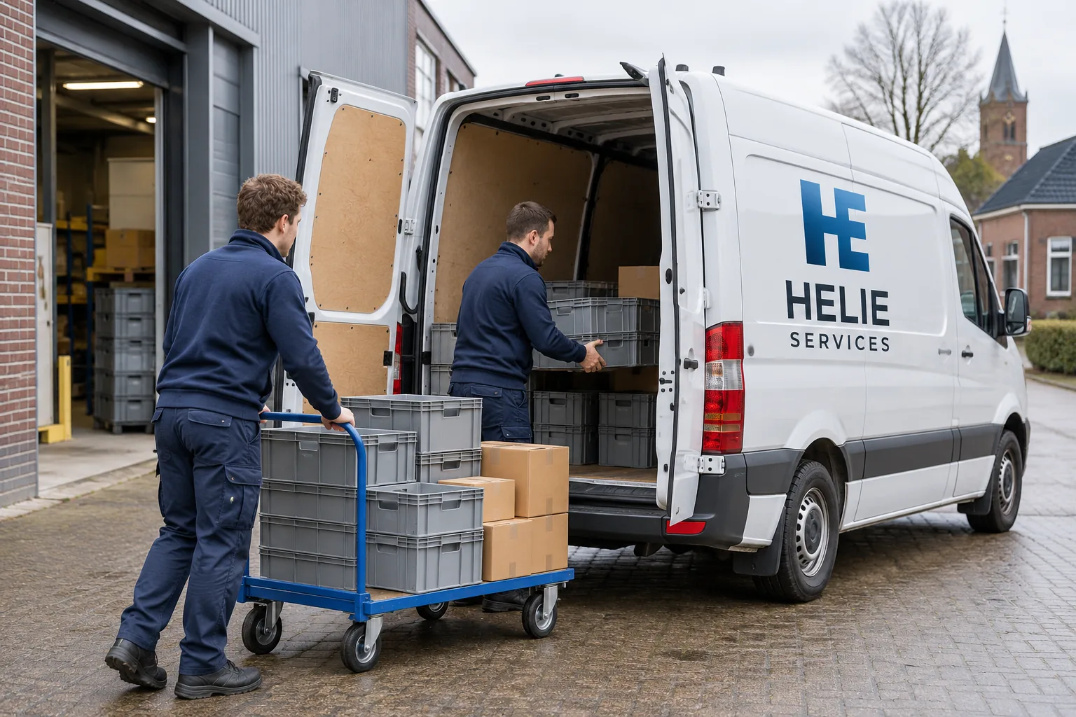 Illustratief beeld van het laden van kratten en pakketten voor een vaste bezorgroute van Helie Services.